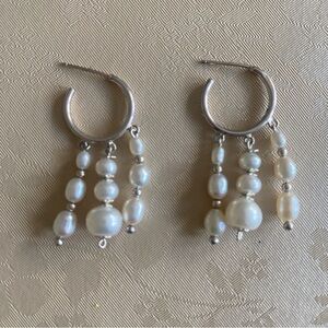 Sterling Silver Hoop Pearl Dangle Earrings